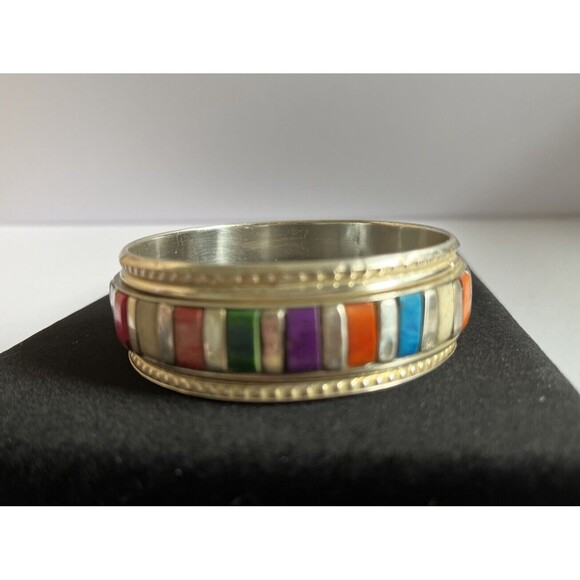 Brass Bangle Bracelet Enamel Colorful Stones 2.75" Wide - Picture 3 of 7